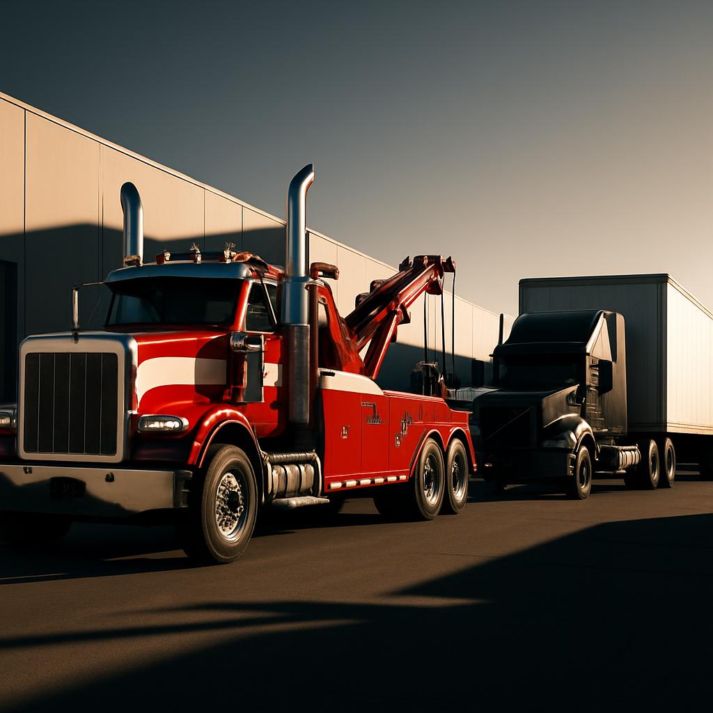 A red platform tow truck tows a semi-truck trailer under a dark sky.