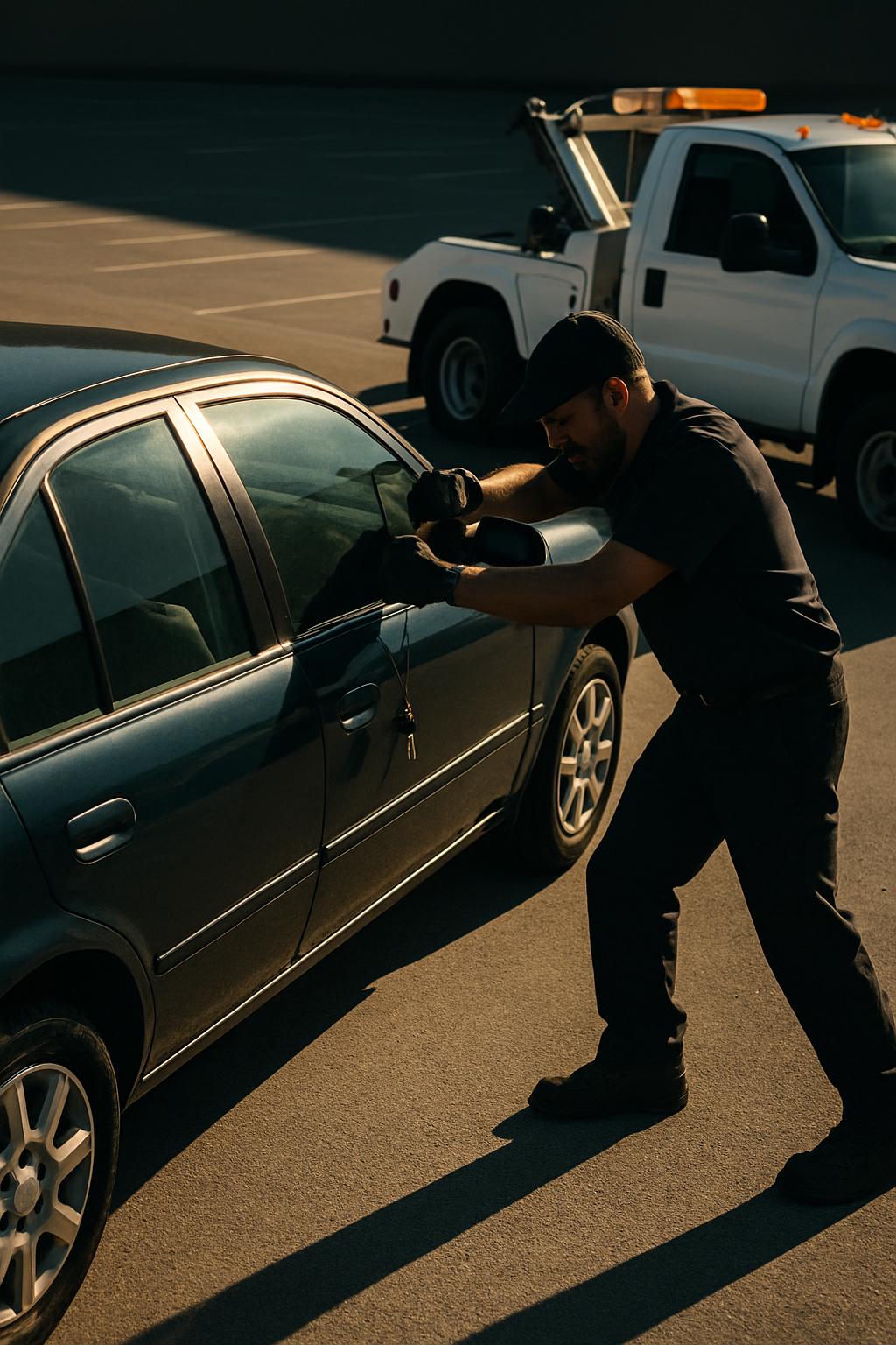 The alt text for the image is: A man is trying to break into a car. The image shows a man in black clothing and a cap, ben...