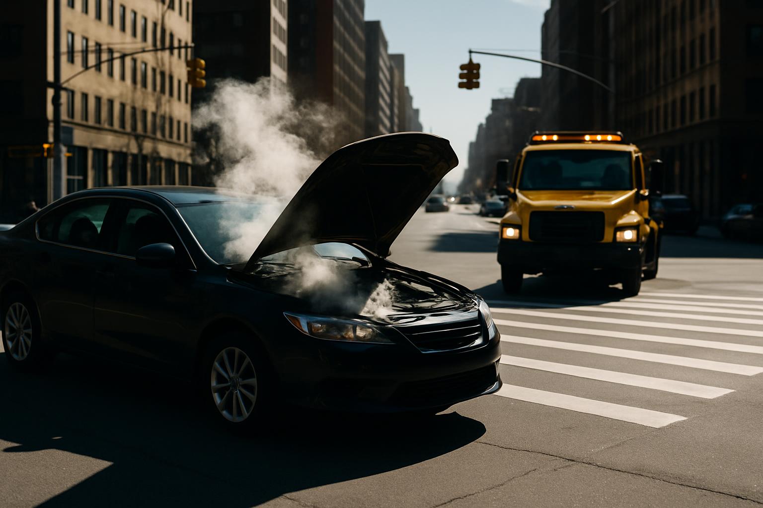 Large city, Black car with hood popped up, steam emanating from vehicle hood on a city street, large yellow truck center l...