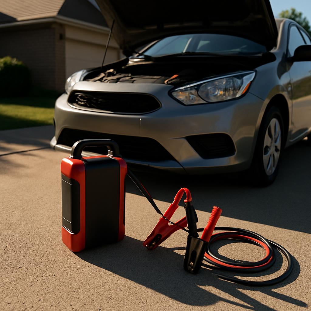 A parked car with the hood up, a car battery charger, a jumper cable, and a second jumper cable on the driveway.